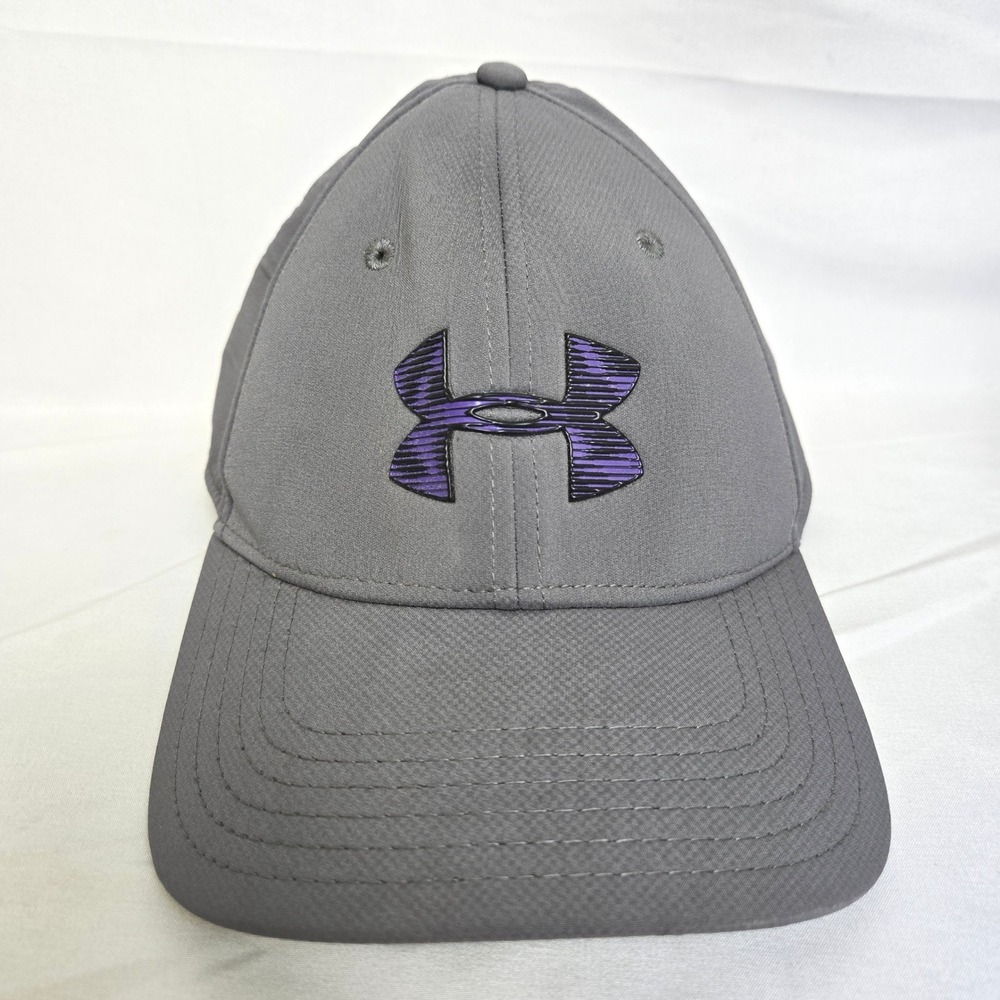 Under Armour Baseball Cap Hat Gray‎ Purple Logo Stretch Men's Adult MD/LG